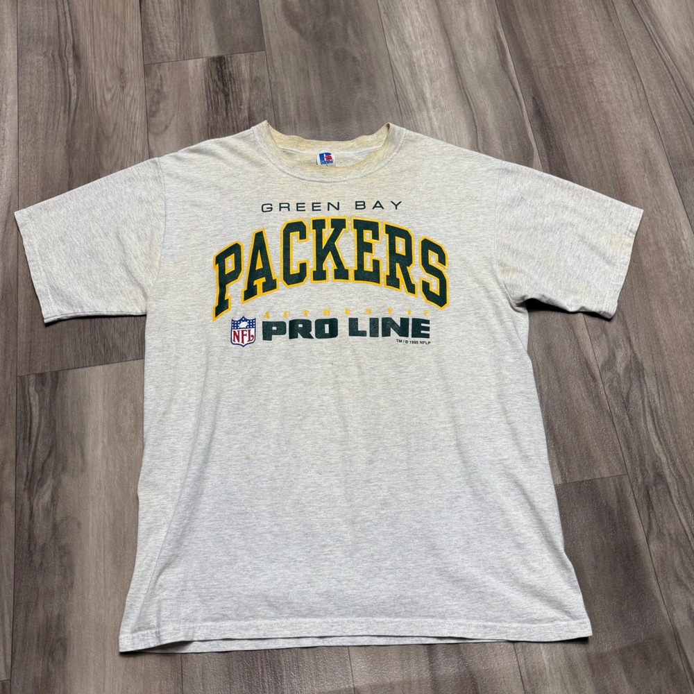 Vintage 1995 Green Bay Packers Russell Athletic NFL Pro Line T-Shirt Gray Mens L